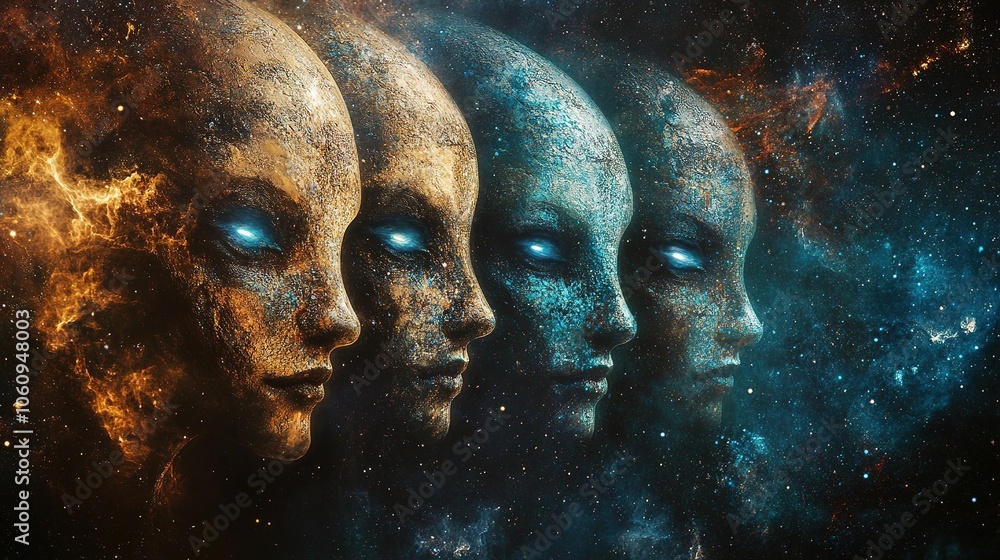 A close-up portrait of alien beings with elongated faces and iridescent skin, their deep-set eyes glowing faintly, surrounded by cosmic dust and nebulae in the background A close-up portrait of alien beings with elongated faces and iridescent skin, their deep-set eyes glowing faintly, surrounded by cosmic dust and nebulae in the background