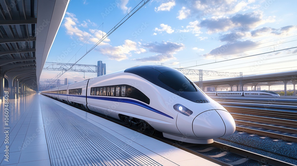 Fototapeta premium High speed train passes by the passenger station at fast velocity with the effect of movement