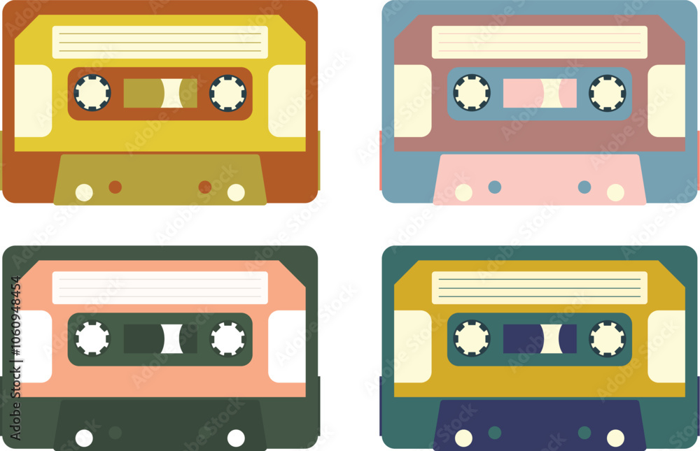 Fototapeta premium Set of illustrated colorful cassettes isolated on white