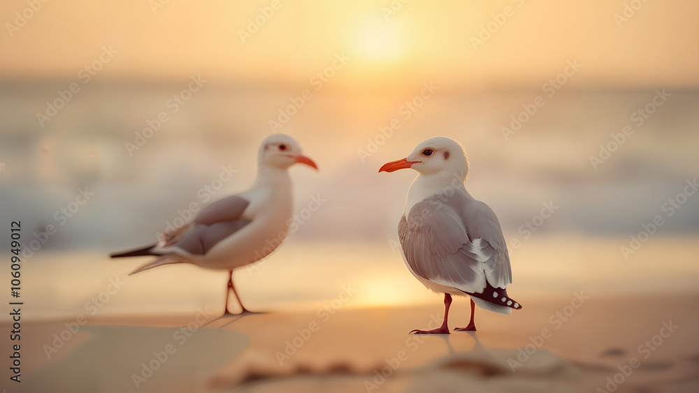 A Serene Image of Two Birds Gracefully Standing on Soft Sand by the Ocean Shore A Serene Image of Two Birds Gracefully Standing on Soft Sand by the Ocean Shore
