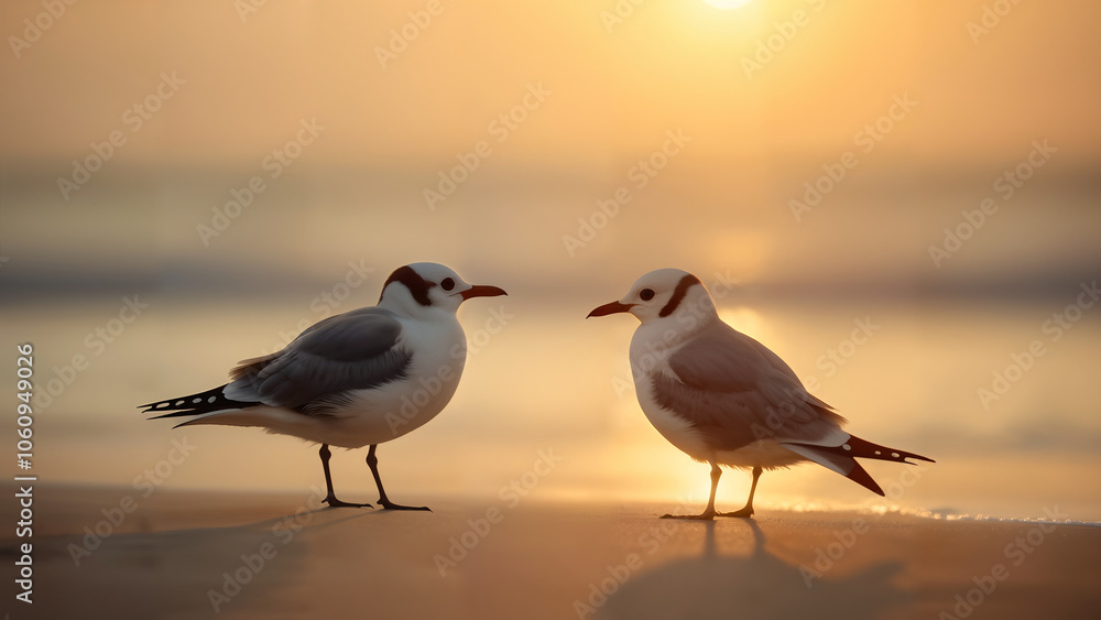 A Serene Image of Two Birds Gracefully Standing on Soft Sand by the Ocean Shore A Serene Image of Two Birds Gracefully Standing on Soft Sand by the Ocean Shore