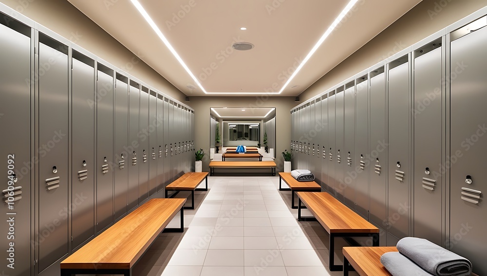 Modern locker room interior with wooden benches and gray lockers