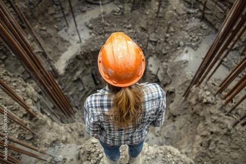 Female construction engineer inspecting rebar installation at building site photo