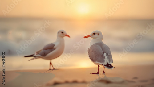 A Serene Image of Two Birds Gracefully Standing on Soft Sand by the Ocean Shore