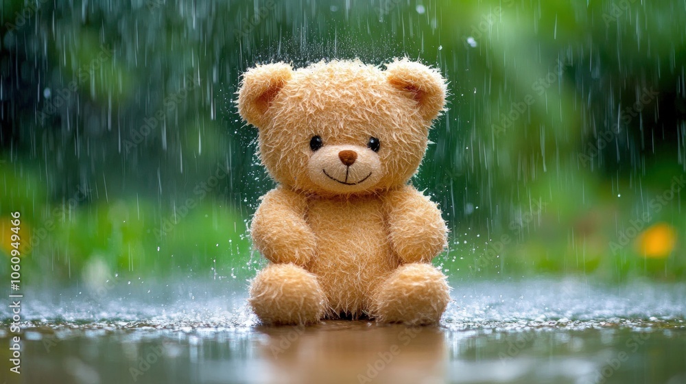 A cute teddy bear sitting in the rain with a green background. A cute teddy bear sitting in the rain with a green background.