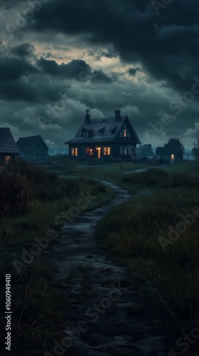 A solitary house glows warmly amidst a dark, stormy landscape, creating an eerie and atmospheric night scene.