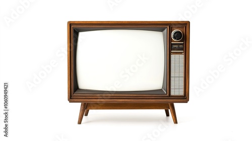 A classic vintage television set from the 1970s with wood paneling and a blank screen, isolated on a bright white background, evoking nostalgia for retro decor