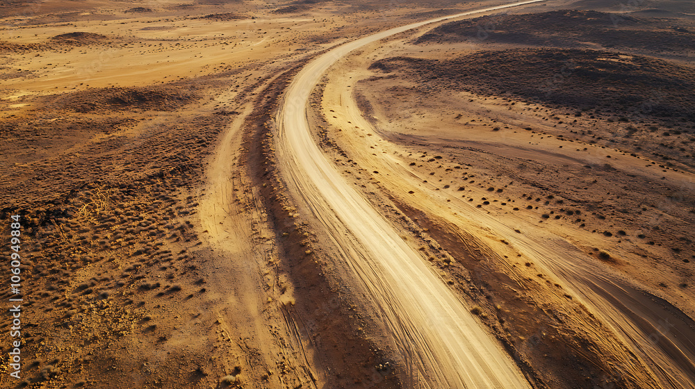 Naklejka premium Winding empty road through arid desert landscape