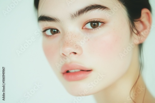 Stunning close-up portrait highlighting natural beauty, flawless skin, and captivating eyes, ideal for skincare and beauty themes.