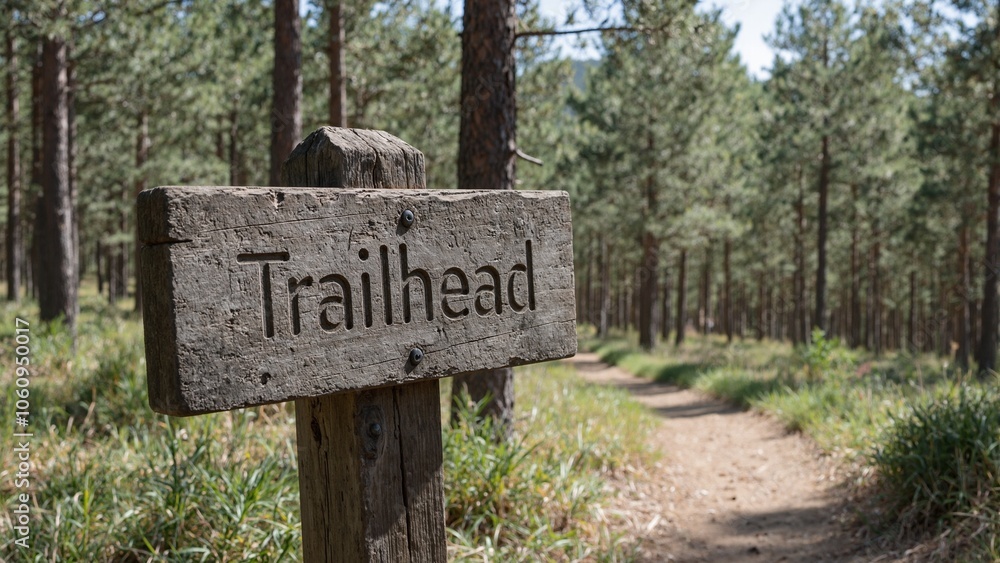 Rustic trailhead signpost in pine forest Rustic trailhead signpost in pine forest