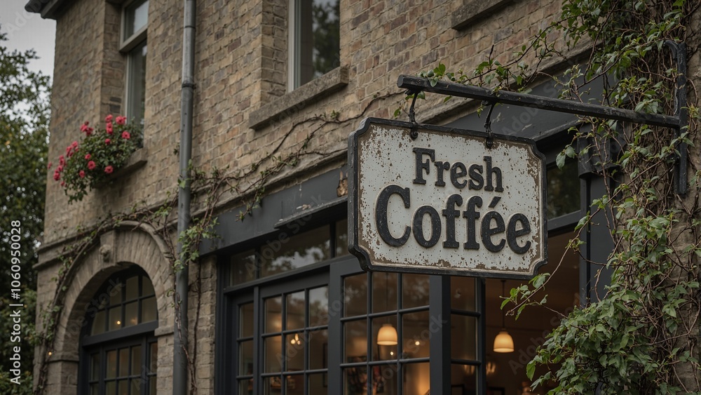 Retro Fresh Coffee sign on brick caf with vines warm glow inside Retro Fresh Coffee sign on brick caf with vines warm glow inside