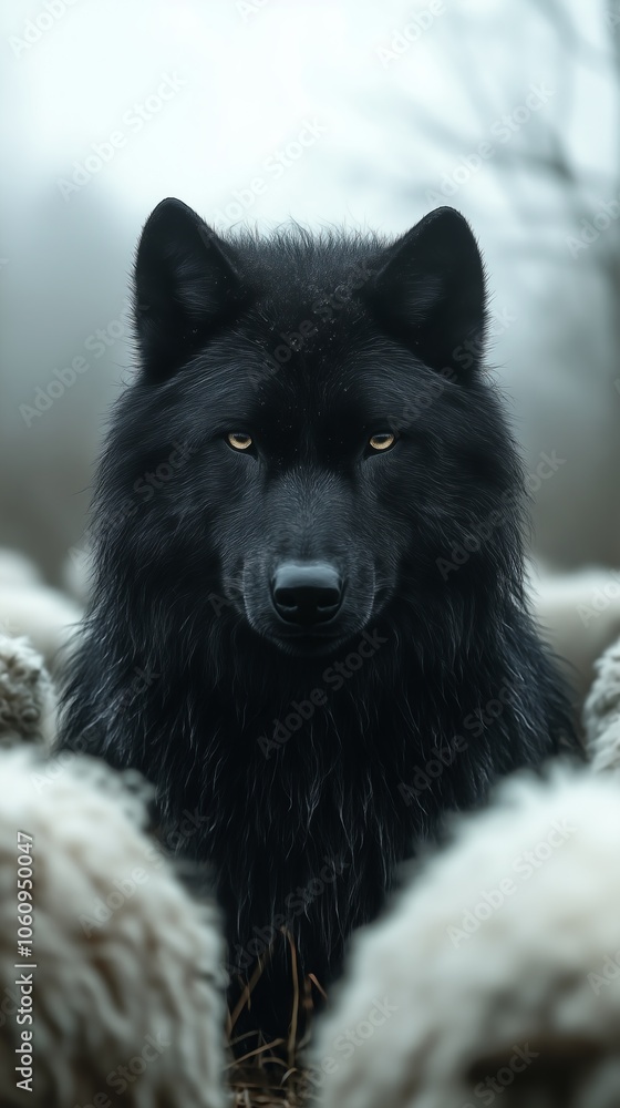 Naklejka premium A striking black wolf stands amid a flock of sheep, creating a stark and captivating contrast in a misty setting.