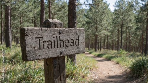 Rustic trailhead signpost in pine forest