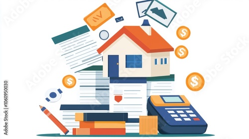 A colorful illustration of a house surrounded by financial documents, a calculator, and dollar signs, symbolizing real estate and mortgage processes.