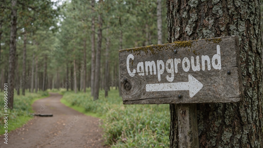 Rustic Campground sign on tree in mossy forest arrow pointing down winding path Rustic Campground sign on tree in mossy forest arrow pointing down winding path