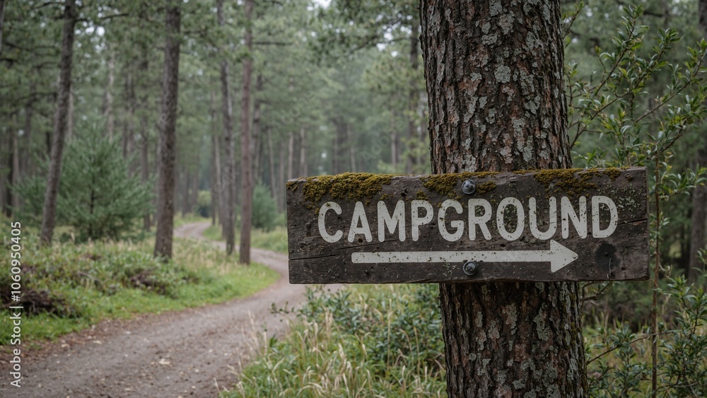 Rustic Campground sign on tree in mossy forest arrow pointing down winding path Rustic Campground sign on tree in mossy forest arrow pointing down winding path