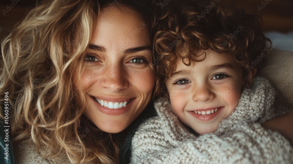 A close-up portrait of a joyful mother and her curly-haired child, both smiling warmly, conveying a sense of love and happiness in an intimate setting. A close-up portrait of a joyful mother and her curly-haired child, both smiling warmly, conveying a sense of love and happiness in an intimate setting.