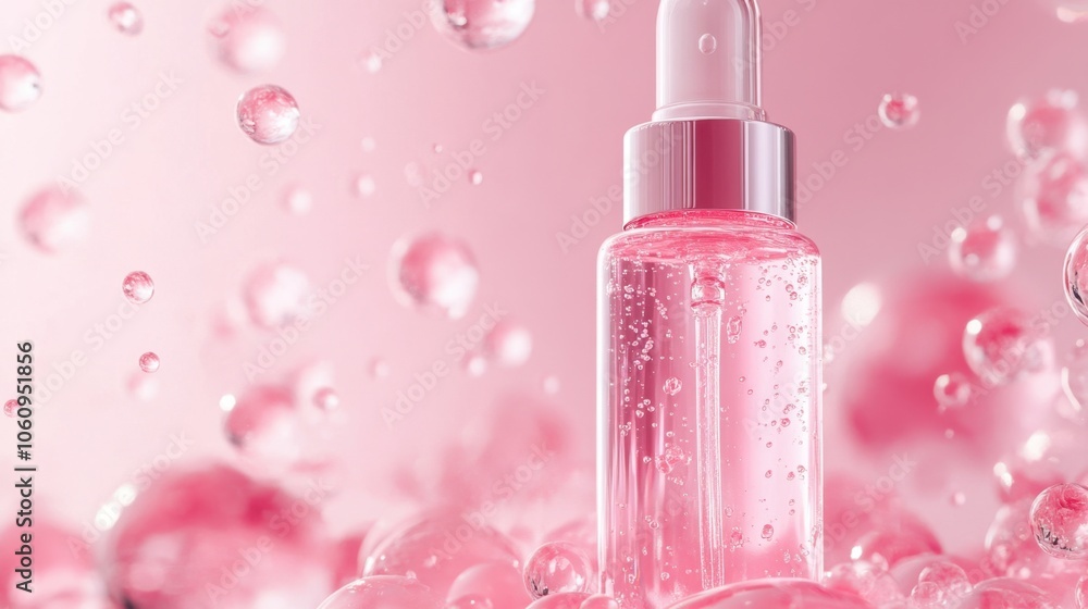 Pink cosmetic serum bottle with dropper surrounded by bubbles.