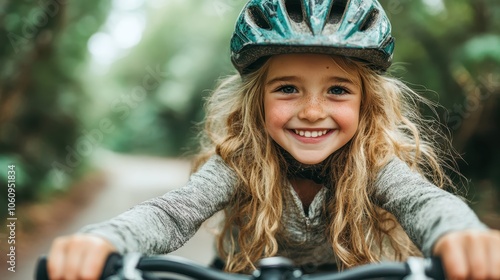 A joyful young girl with a wide smile rides her bike, feeling elated and free, as she explores the lush and vibrant surroundings on her cycling adventure. photo