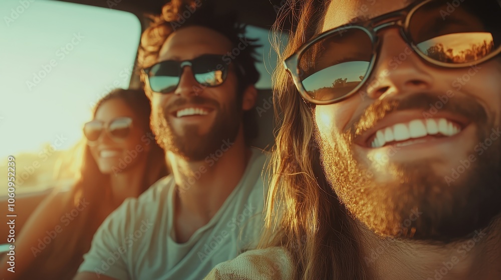 A group of friends in a car, savoring a carefree road trip with laughter and joy, captured in the warm glow of the golden hour, evoking wanderlust and camaraderie. A group of friends in a car, savoring a carefree road trip with laughter and joy, captured in the warm glow of the golden hour, evoking wanderlust and camaraderie.