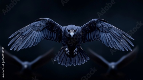 The powerful and mysterious presence of raven crows with wings spread wide