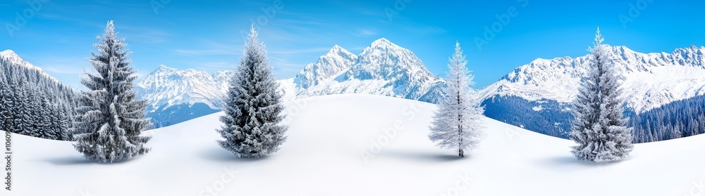 Fototapeta premium Under a clear blue sky, a panorama of snow-covered mountains and frosted trees captures the serene beauty of winter.