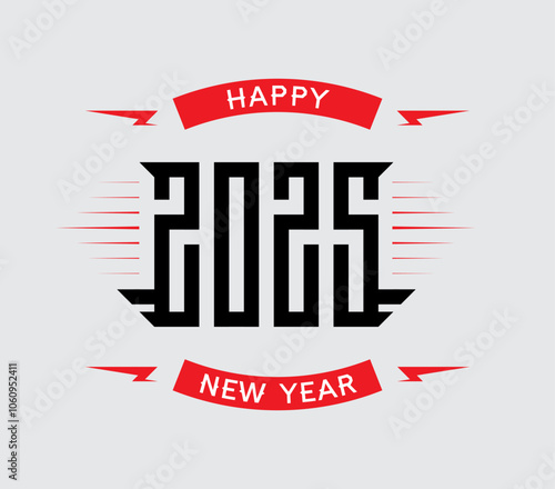 Modern Black and Red Banner with Lightning Bolts Perfect for Alternative Music Events and Urban Celebrations. Happy New Year 2025. Bold 2025 New Year Typography Design with Rock Style Elements. photo