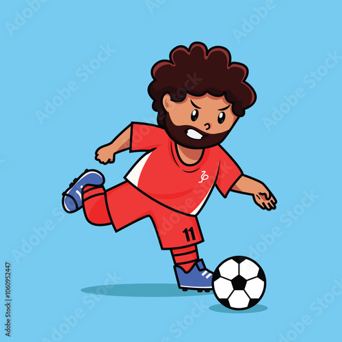 cute illustration a curly-haired soccer player preparing to kick the ball