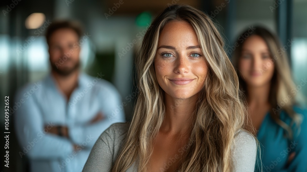 A confident woman with long hair smiles warmly in the foreground, while two blurred colleagues stand in a modern, professional office environment. A confident woman with long hair smiles warmly in the foreground, while two blurred colleagues stand in a modern, professional office environment.