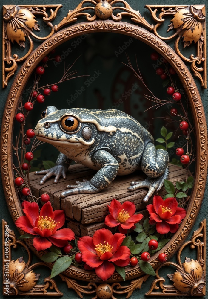 Fototapeta premium Realistic frog portrait framed with vibrant flowers and ornate details