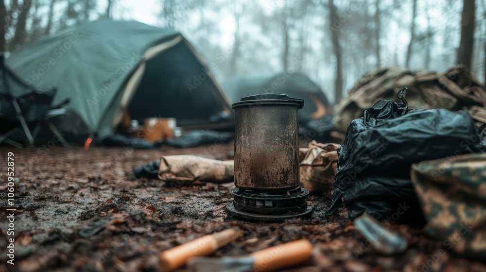 An outdoor campfire scene features a rustic coffee pot amidst camping gear on muddy ground with tents in the misty background, capturing an adventurous spirit. An outdoor campfire scene features a rustic coffee pot amidst camping gear on muddy ground with tents in the misty background, capturing an adventurous spirit.