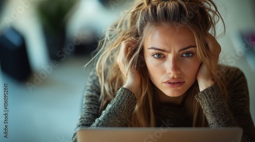 A woman showing signs of frustration while sitting in front of a laptop, portraying feelings of stress and overwhelm in the digital, fast paced world. photo