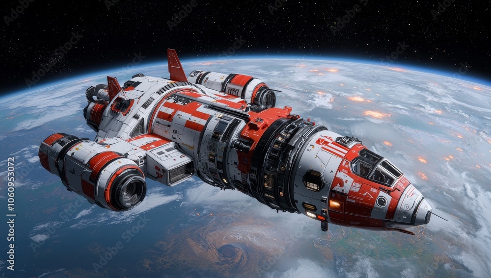 This illustration depicts a spaceship gliding over Earth, showing the beauty of our planet from space This illustration depicts a spaceship gliding over Earth, showing the beauty of our planet from space