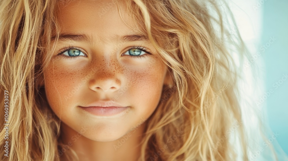 A serene blonde girl with freckles gazes calmly at the camera, exuding peacefulness and tranquility. Her calm demeanor is highlighted by her bright, blue eyes. A serene blonde girl with freckles gazes calmly at the camera, exuding peacefulness and tranquility. Her calm demeanor is highlighted by her bright, blue eyes.
