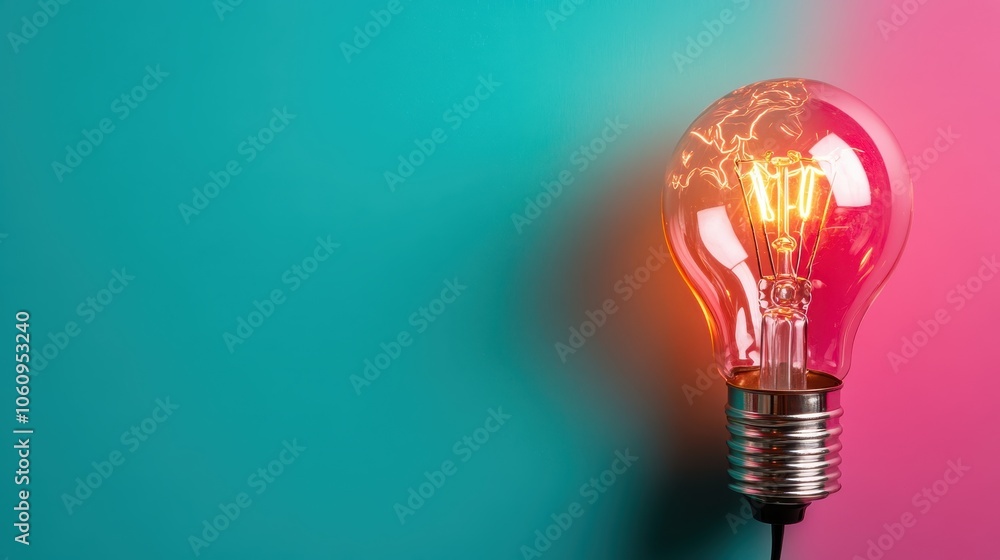A glowing light bulb stands out against a vivid turquoise and pink background, symbolizing creativity and innovation through its radiant illumination and contrasting colors. A glowing light bulb stands out against a vivid turquoise and pink background, symbolizing creativity and innovation through its radiant illumination and contrasting colors.