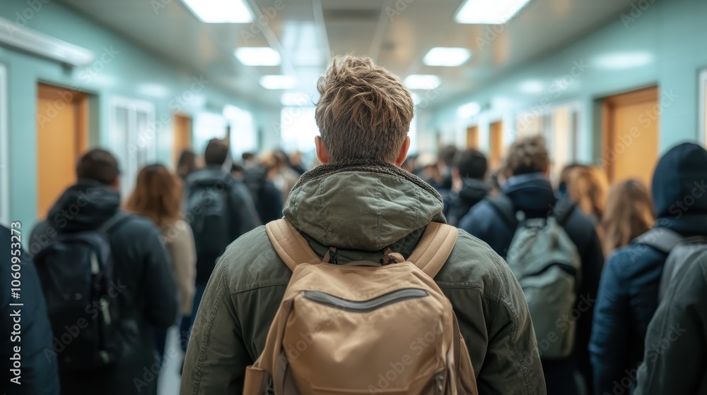 A person wearing a jacket and backpack moves through a bustling hallway filled with people, representing the daily commute and dynamic movement in urban life. A person wearing a jacket and backpack moves through a bustling hallway filled with people, representing the daily commute and dynamic movement in urban life.