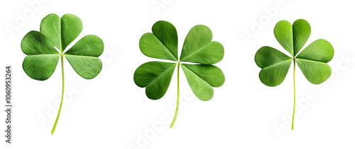 Three green clover leaves isolated on white background shamrock Saint Patrick's Day symbol nature spring luck Irish celebration leaf plant botany floral design element cut out clipping path fortune