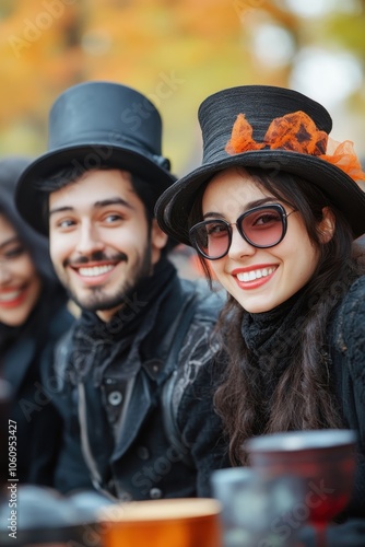 Happy Friends Enjoying a Lively Outdoor Gathering in Cybersteampunk Fashion During Autumn photo