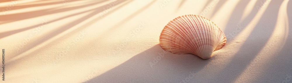 A Single Seashell Resting on Sandy Beach Under Palm Tree Shadow