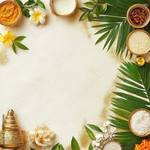 Minimalist decoration of food and flowers on a white background with golden details and green leaves... photo