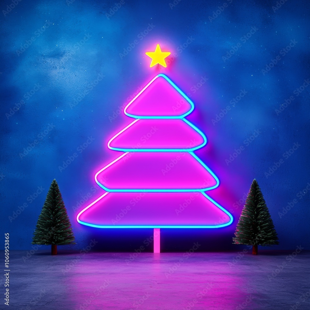 3D illustration of a spruce tree against an 80s-inspired background. 3D illustration of a spruce tree against an 80s-inspired background.