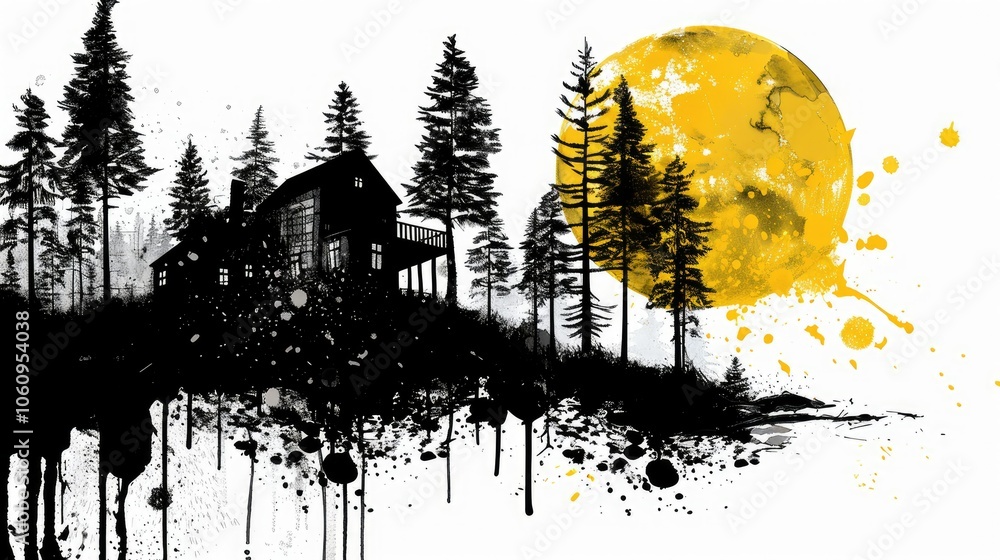 a forest with an old wooden house, a yellow moon in the sky a forest with an old wooden house, a yellow moon in the sky