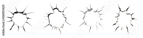 Cracked Hole in The Wall Surface Set Broken Concrete Wall Earthquake Hole Effect Damaged Cement Wall Surface Cracks Isolated on White Background with Cracks Damaged Texture Earthquake Disaster Broken