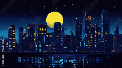 Pixelated cityscape at night with a large moon in the sky.