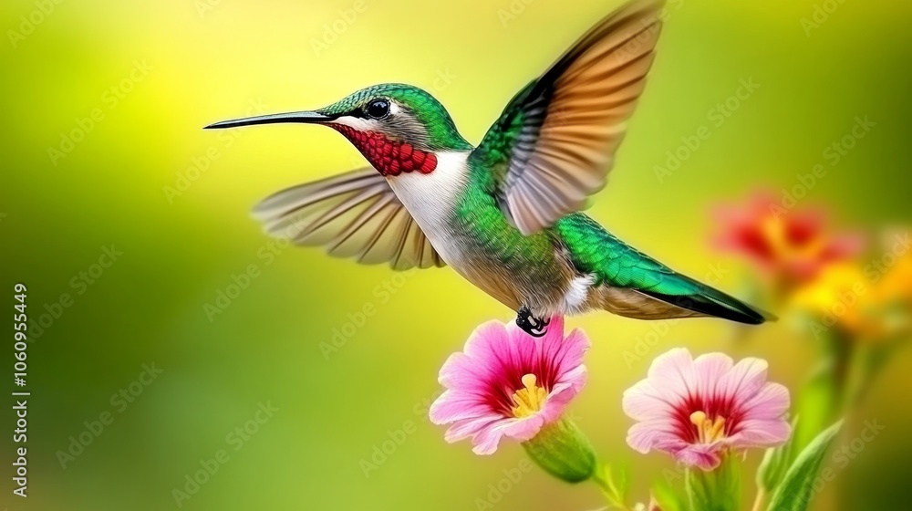 Fototapeta premium Hummingbird Hovering Near Flower Mid-Air