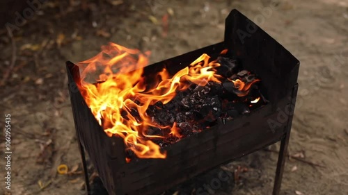 Beautiful burning coals in a barbecue with big flames photo