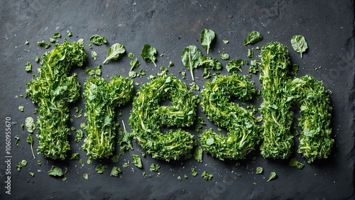 Fresh word formed by vibrant greens on slate photo