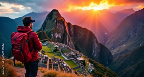 Wanderer near Machu Picchu, Peru, in fiery crimson and scarlet tones, overlooking scenic landscapes, captured in high detail with Hasselblad X1D in 8k. photo