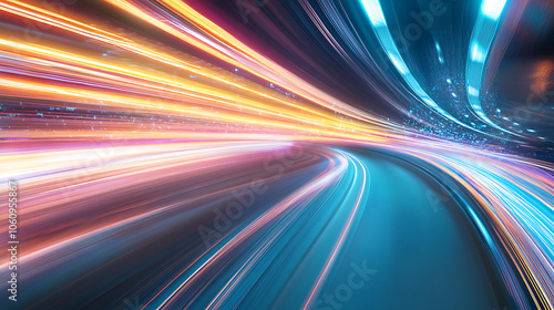 A dynamic cityscape with light trails representing fast movement on the highway