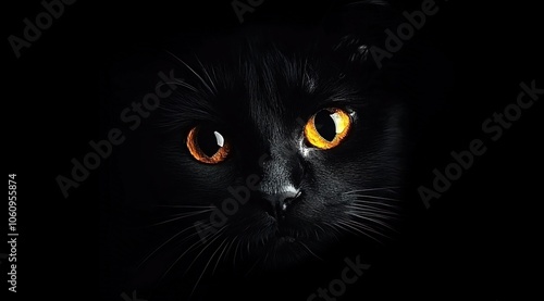  A black cat with glowing eyes in the darkness